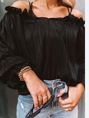 Black Sheer Peasant Blouse with Ruffle Neck
